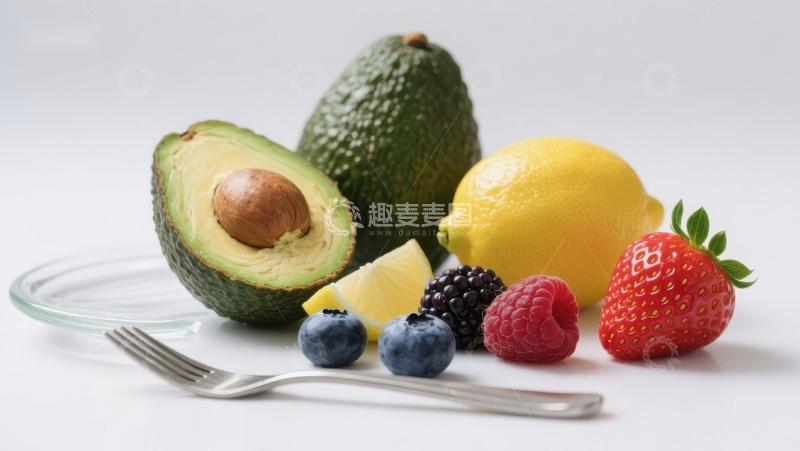 高清大图下载【趣麦麦图】新鲜水果组合：牛油果、柠檬与浆果