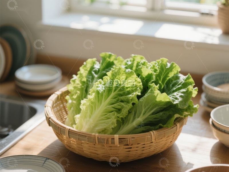 高清大图下载【趣麦麦图】新鲜生菜置于竹篮中，厨房窗边
