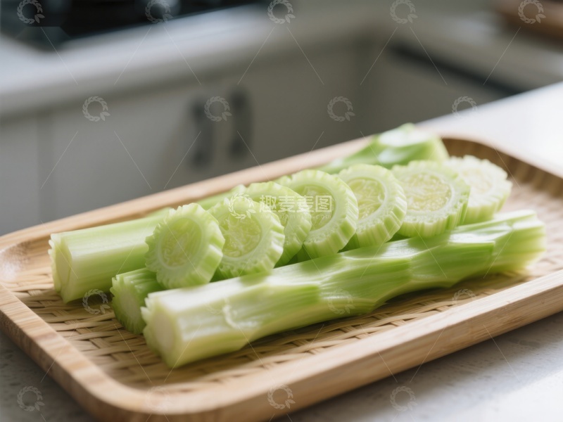 高清大图下载【趣麦麦图】切片芹菜置于竹制砧板上