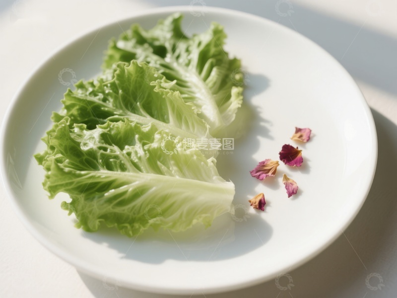 高清大图下载【趣麦麦图】新鲜生菜与花瓣点缀的白色盘子