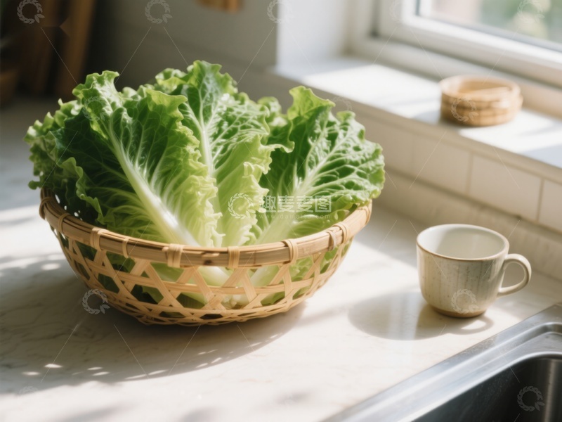 高清大图下载【趣麦麦图】厨房窗边的生菜与杯子
