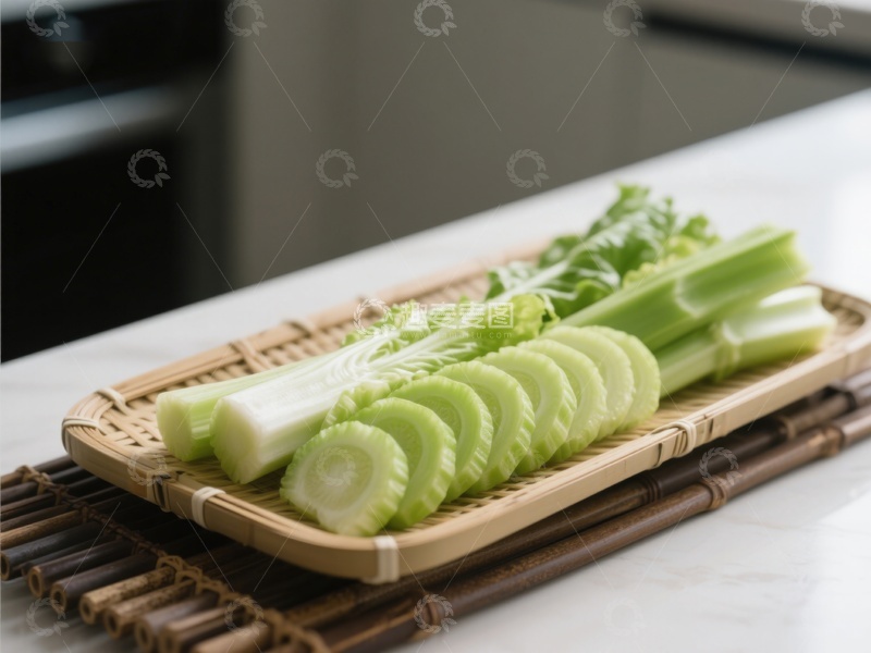 高清大图下载【趣麦麦图】新鲜芹菜切片置于竹制托盘