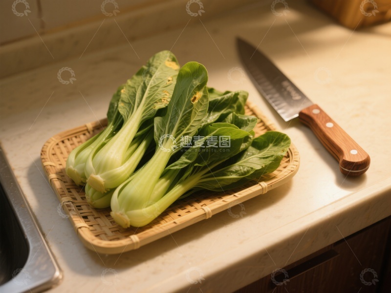 高清大图下载【趣麦麦图】新鲜青菜置于竹篮，旁配刀具