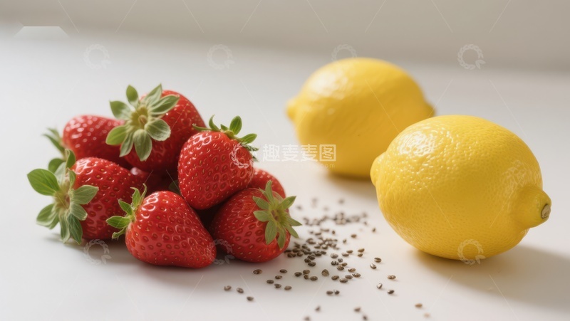 高清大图下载【趣麦麦图】新鲜草莓与柠檬的静物组合