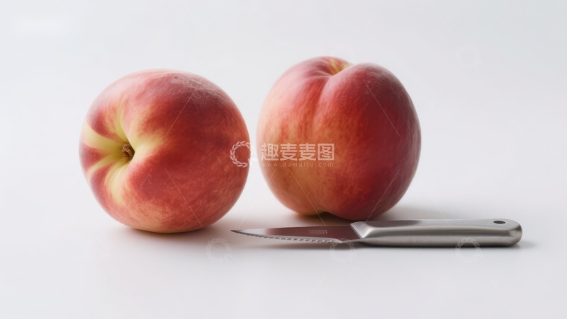 高清大图下载【趣麦麦图】两个桃子与刀具的静物组合