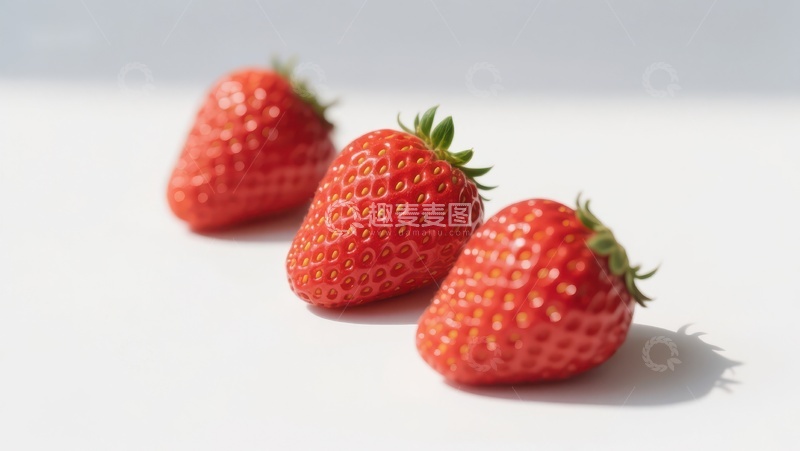 高清大图下载【趣麦麦图】三颗新鲜草莓静置于白色背景