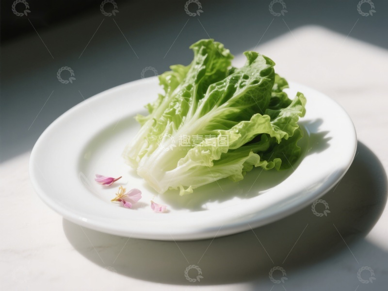 高清大图下载【趣麦麦图】新鲜生菜置于白色盘中