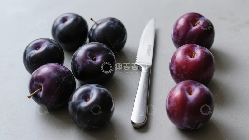 高清大图下载【趣麦麦图】李子与刀具的静物组合