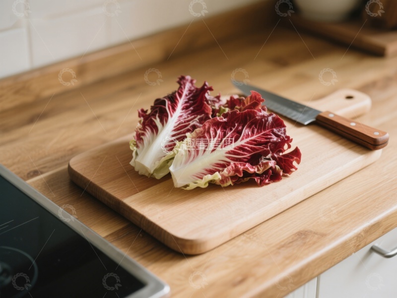 高清大图下载【趣麦麦图】厨房砧板上的红叶生菜