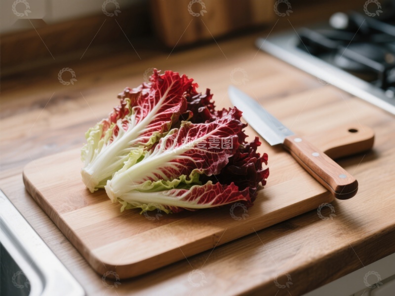 高清大图下载【趣麦麦图】-新鲜红叶生菜置于木质砧板上