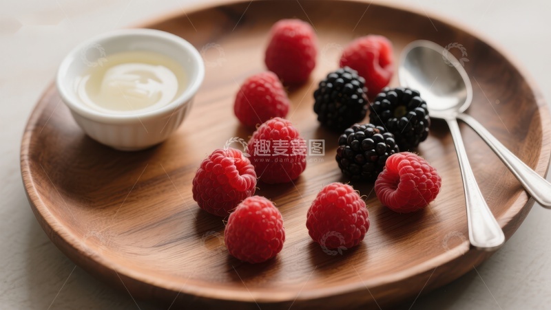 高清大图下载【趣麦麦图】木盘上的新鲜浆果与奶油