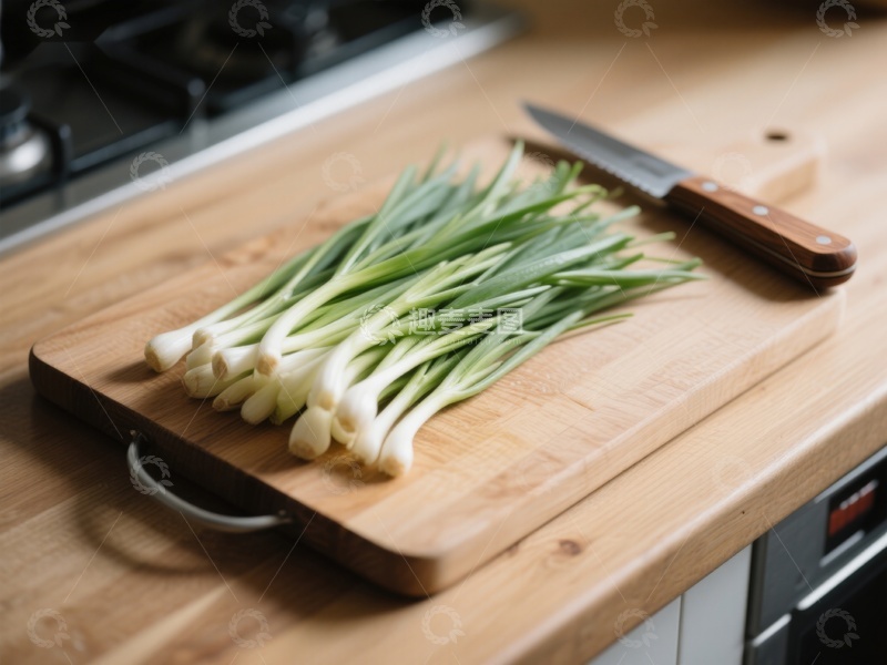 高清大图下载【趣麦麦图】新鲜葱放置在木质砧板上