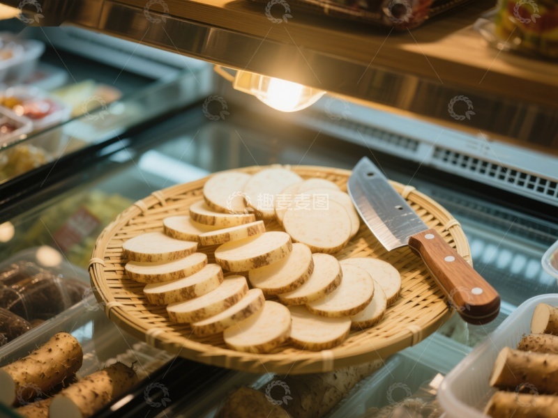 高清大图下载【趣麦麦图】切片山药展示于竹篮中