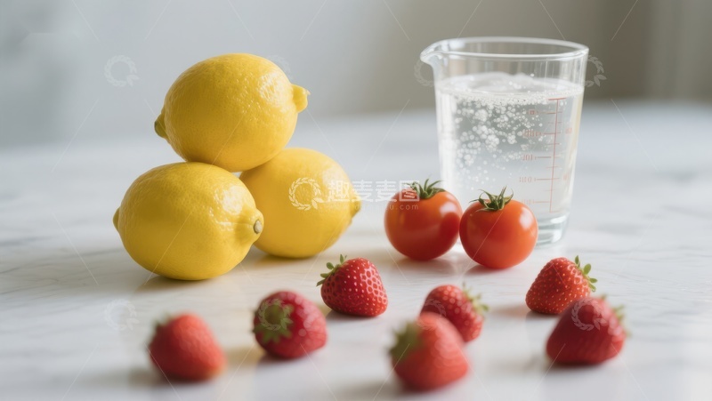 高清大图下载【趣麦麦图】新鲜水果与气泡水的静物组合