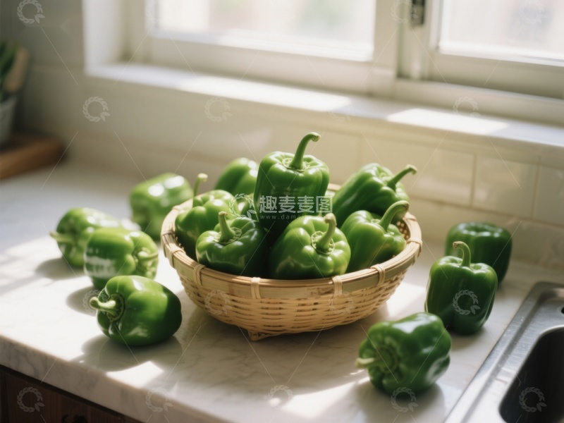 高清大图下载【趣麦麦图】厨房窗边的绿色甜椒