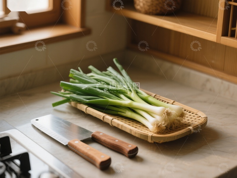 高清大图下载【趣麦麦图】厨房台面上的葱与刀具