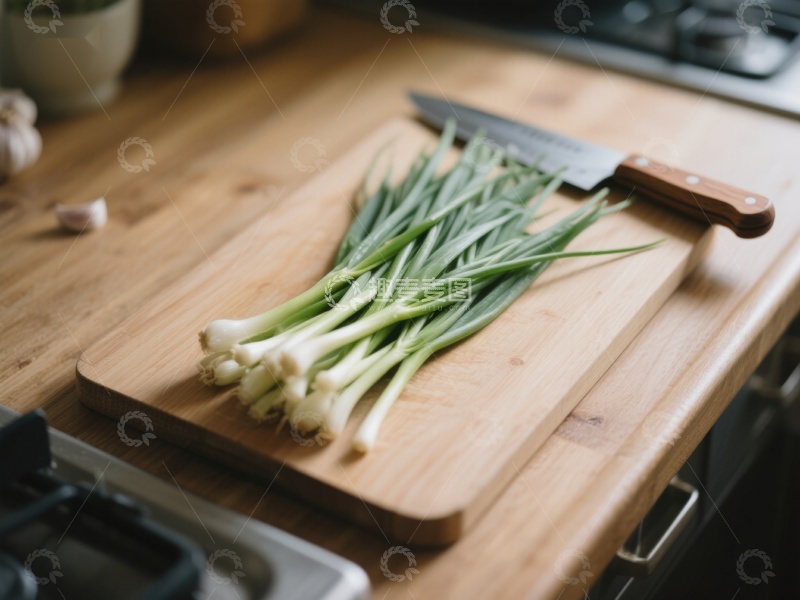 高清大图下载【趣麦麦图】新鲜葱段置于木质砧板上
