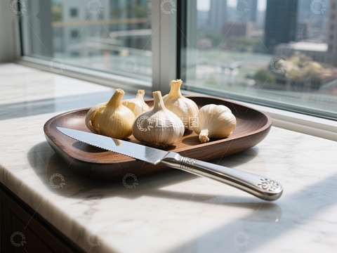 窗边蒜头与刀具静物