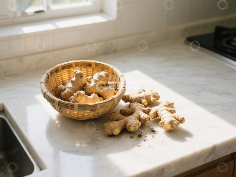 高清大图下载【趣麦麦图】厨房台面上的姜块与竹篮