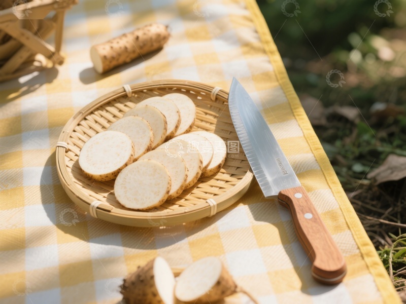 高清大图下载【趣麦麦图】切片山药与刀具的户外展示