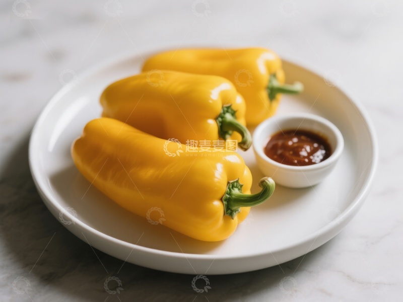 高清大图下载【趣麦麦图】黄色甜椒配酱料，置于白色盘中