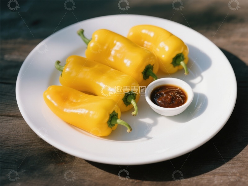 高清大图下载【趣麦麦图】黄色甜椒配蘸酱，置于白色盘中
