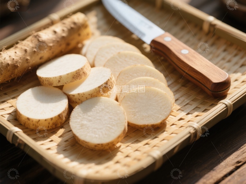 高清大图下载【趣麦麦图】新鲜山药切片与刀具