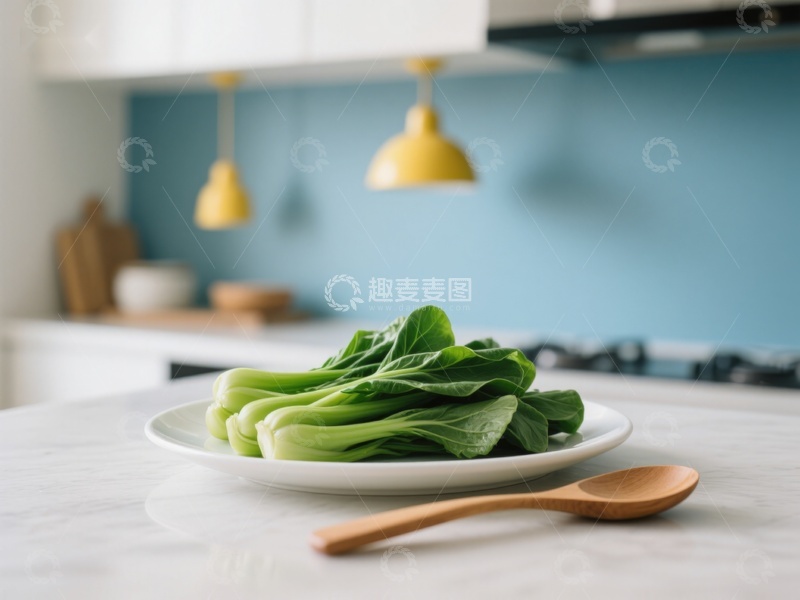 高清大图下载【趣麦麦图】厨房台面上的青菜与木勺