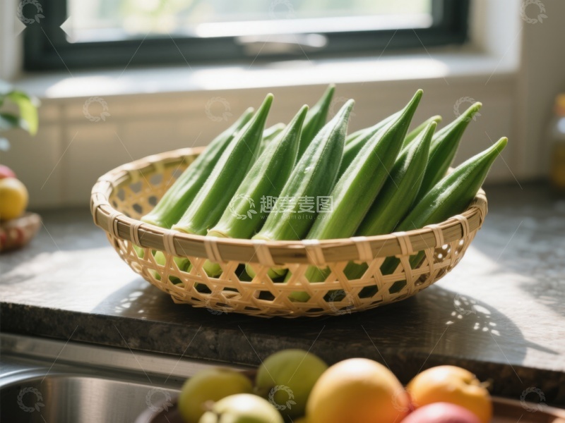 高清大图下载【趣麦麦图】竹篮中的新鲜秋葵