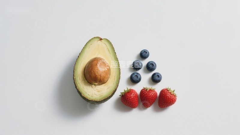 高清大图下载【趣麦麦图】新鲜水果组合：牛油果、蓝莓与草莓