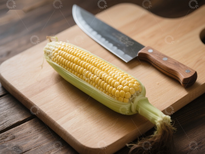 高清大图下载【趣麦麦图】玉米与刀具置于木制砧板上