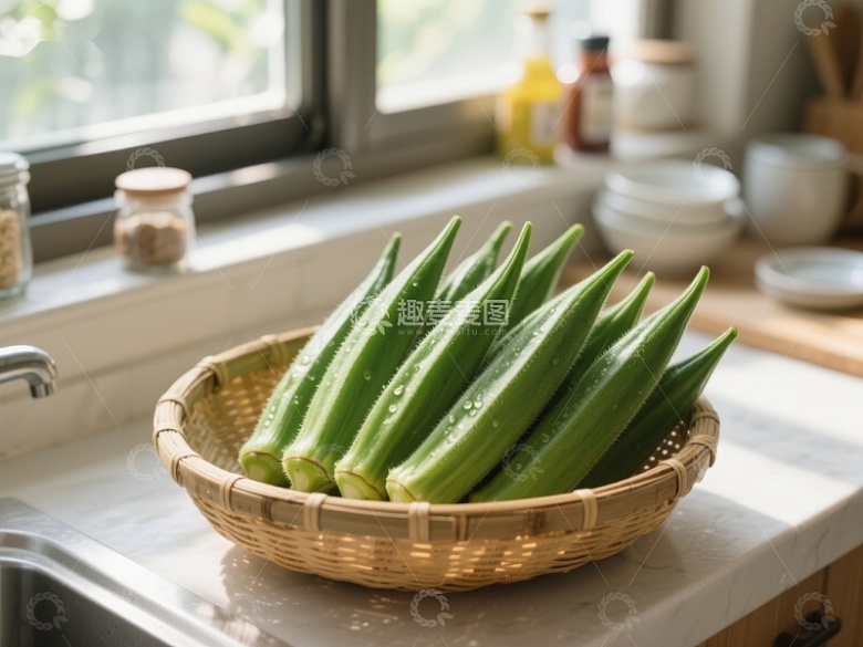 厨房台面上的秋葵篮