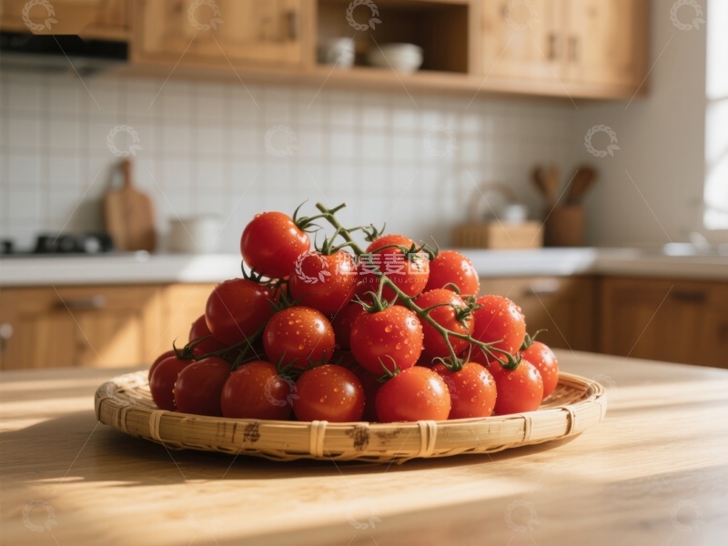 高清大图下载【趣麦麦图】新鲜番茄置于厨房竹篮中