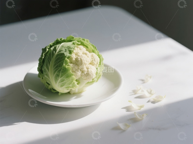 高清大图下载【趣麦麦图】新鲜花椰菜置于白色盘中