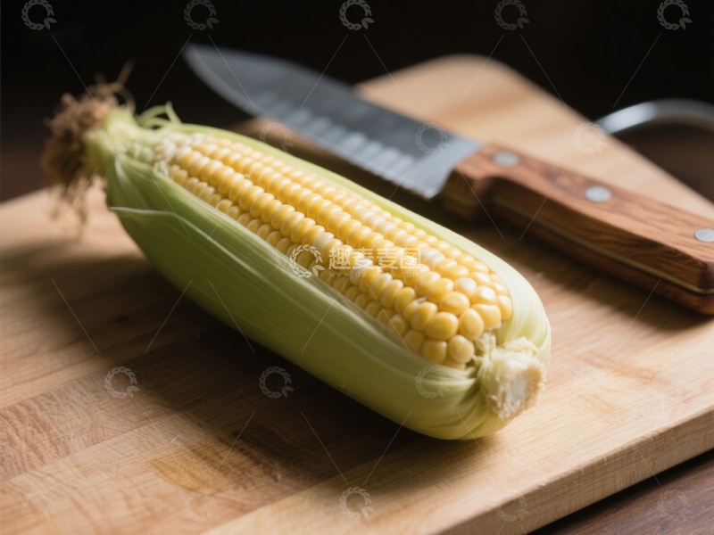 高清大图下载【趣麦麦图】新鲜玉米与刀具置于砧板上