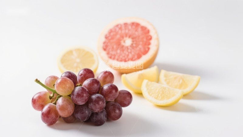 高清大图下载【趣麦麦图】新鲜水果组合：葡萄、柠檬与柚子