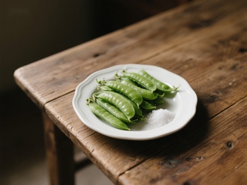 新鲜豌豆荚置于木质桌上的白色盘中