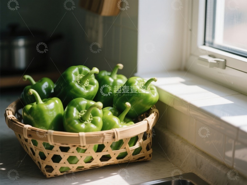 高清大图下载【趣麦麦图】窗边竹篮里的青椒