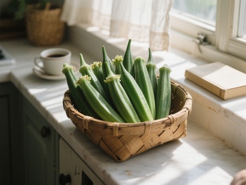 竹篮中的新鲜秋葵