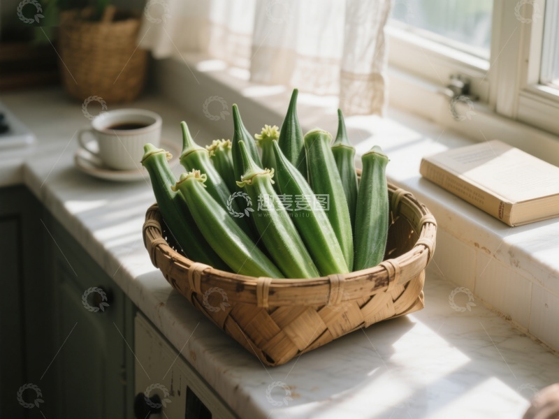 高清大图下载【趣麦麦图】竹篮中的新鲜秋葵