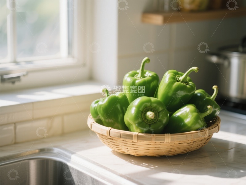 高清大图下载【趣麦麦图】厨房窗边的绿色甜椒篮
