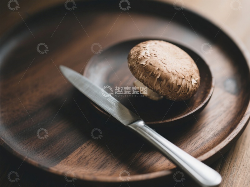 高清大图下载【趣麦麦图】蘑菇与刀置于木质盘中