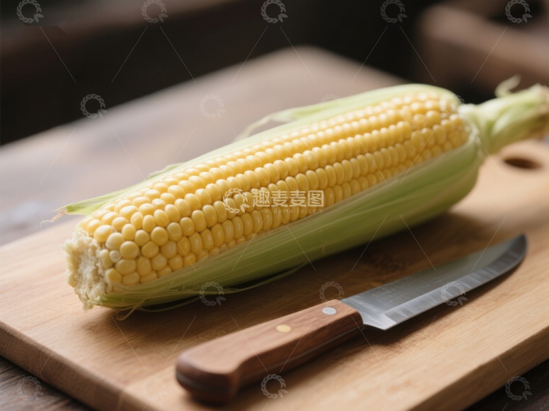 高清大图下载【趣麦麦图】新鲜玉米与刀具置于砧板上