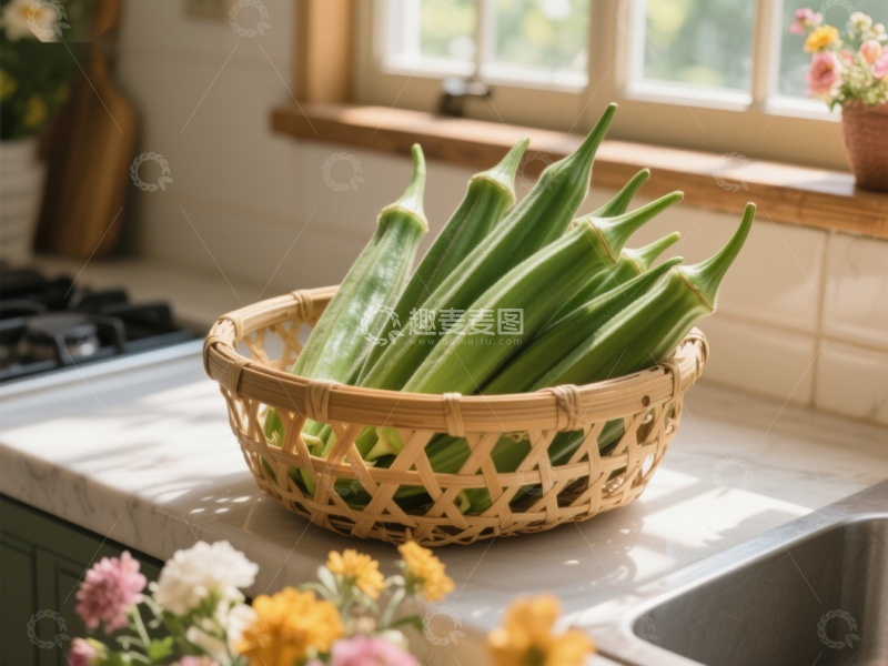 高清大图下载【趣麦麦图】厨房窗边的秋葵篮
