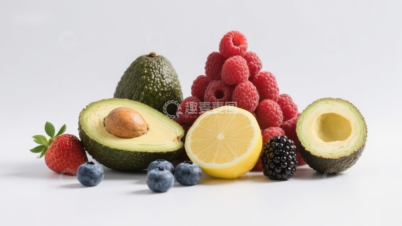 高清大图下载【趣麦麦图】新鲜水果组合：牛油果、浆果与柠檬