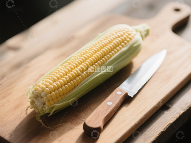 高清大图下载【趣麦麦图】新鲜玉米与刀具置于砧板上