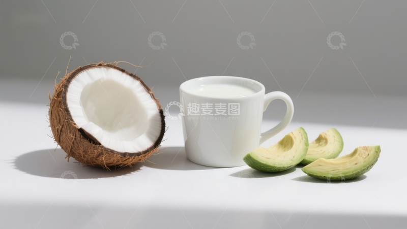 高清大图下载【趣麦麦图】椰子、牛油果与牛奶杯的静物组合