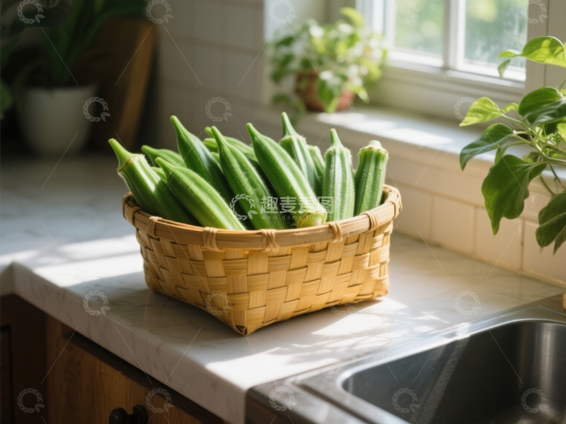 高清大图下载【趣麦麦图】篮子里的秋葵置于厨房窗台