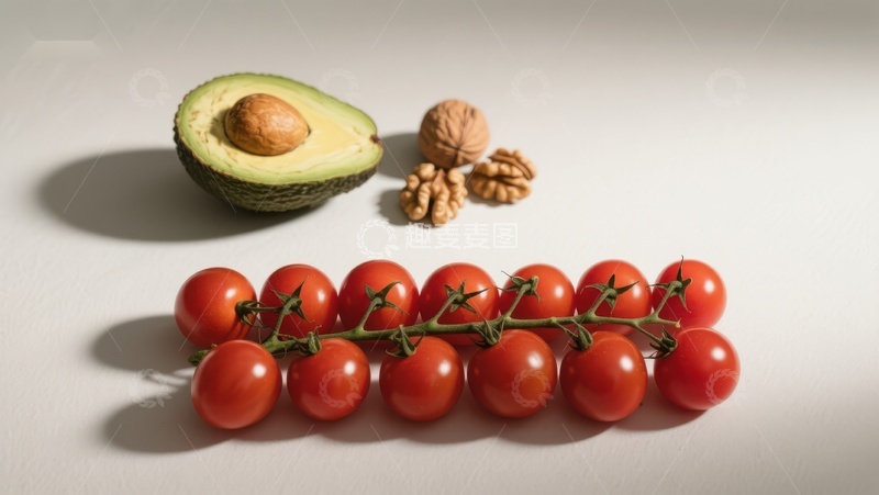 高清大图下载【趣麦麦图】新鲜食材：牛油果、核桃与樱桃番茄