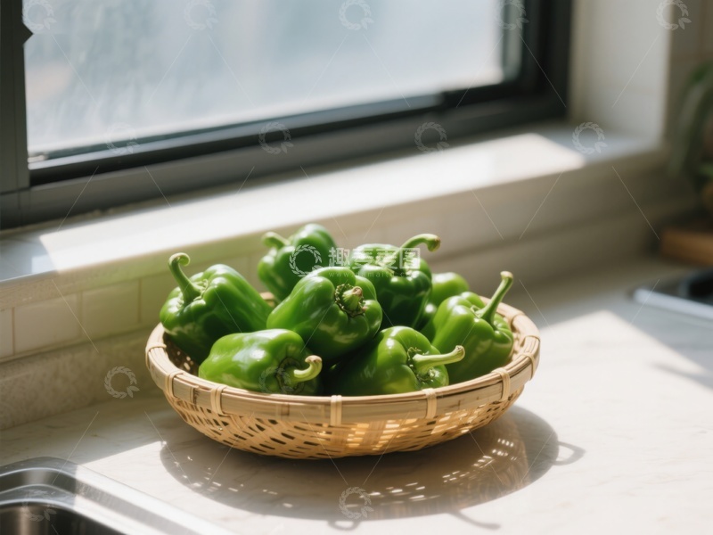 高清大图下载【趣麦麦图】窗边竹篮里的青椒